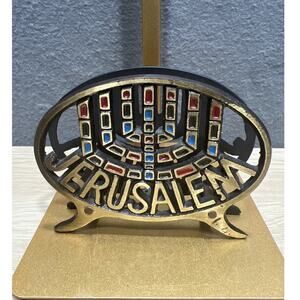 Vintage Jerusalem Israel Solid Brass Colorful Napkin / Letter Holder Judaical